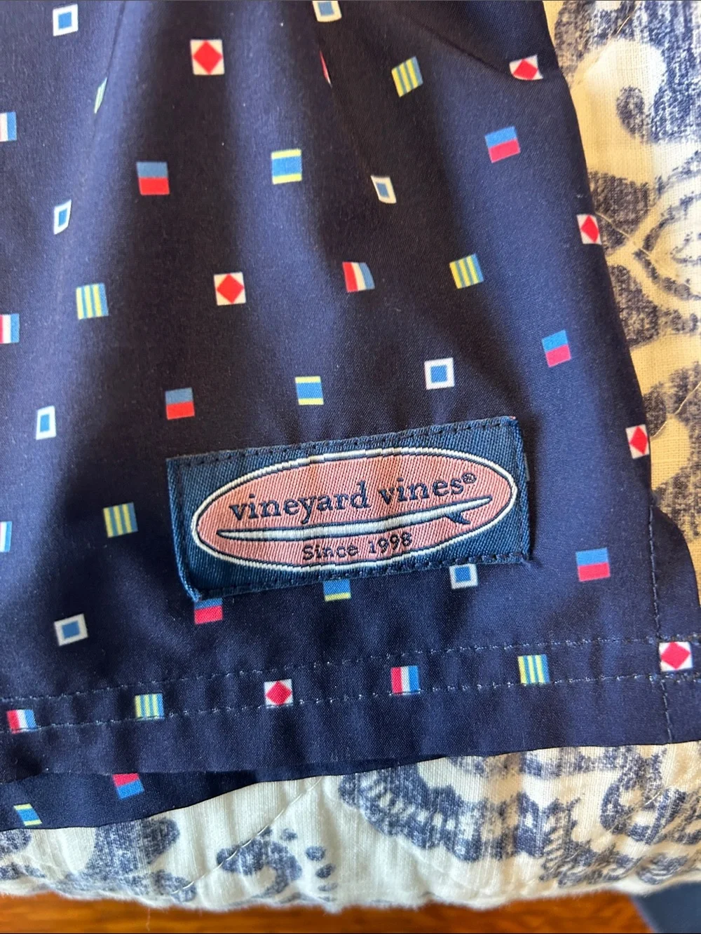 Vineyard Vines Navy Swim Shorts with Multicolor Signal Flag Print